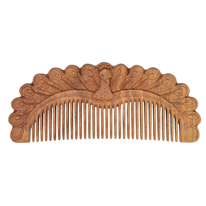 green sandalwood comb double-sided carved peacock open screen jade sandalwood hair comb scenic spot gift whole wooden comb