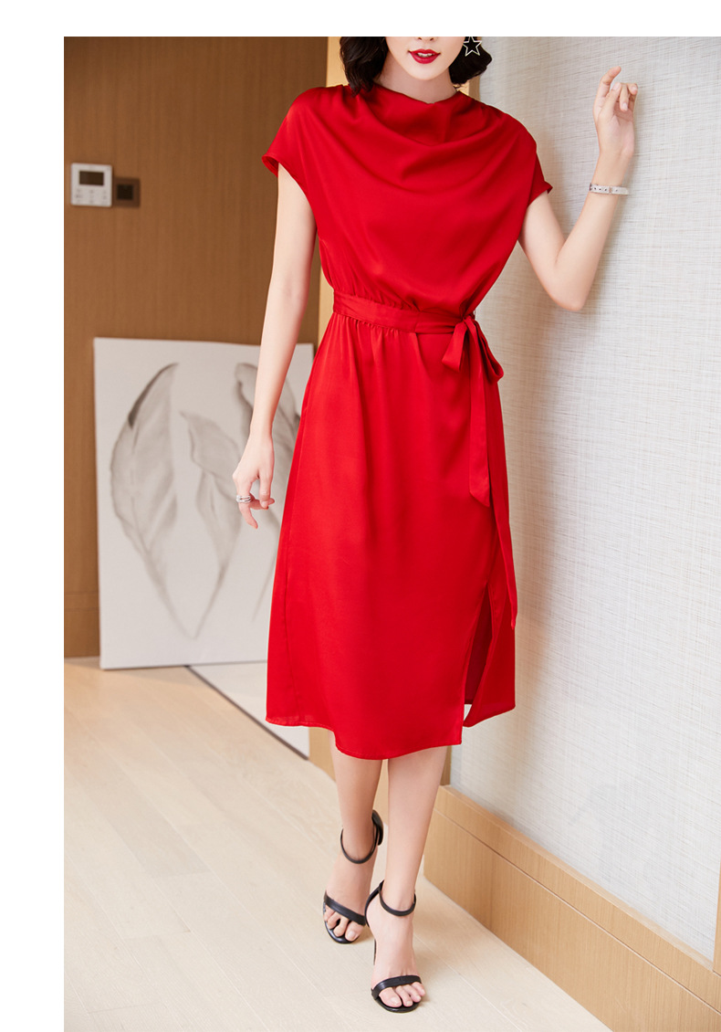 重磅红色真丝连衣裙女2020夏季新款单层缎面桑蚕丝收腰显瘦长裙子