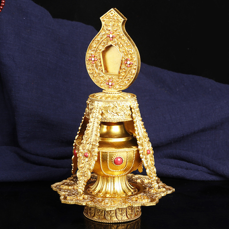 长寿宝瓶密宗佛教用品镶嵌宝石纯铜雕花八吉祥净水瓶金色