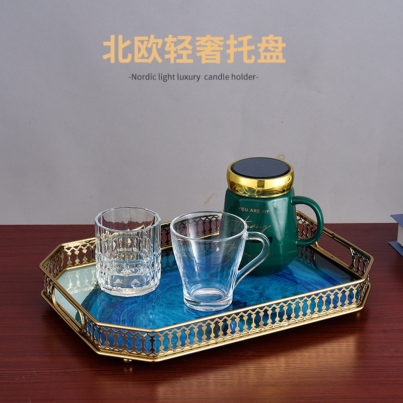hot selling nordic light luxury metal storage tray hollow water cup tray tea set chassis blue agate decorative tray