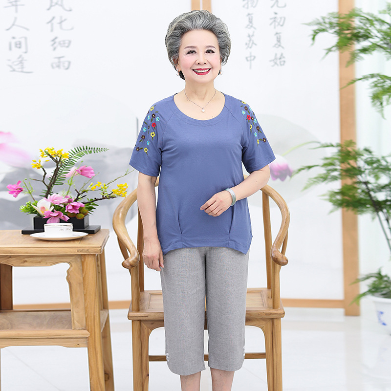 奶奶夏装妈妈短袖中老年人女夏装套装60岁70老人衣服夏季太太薄款