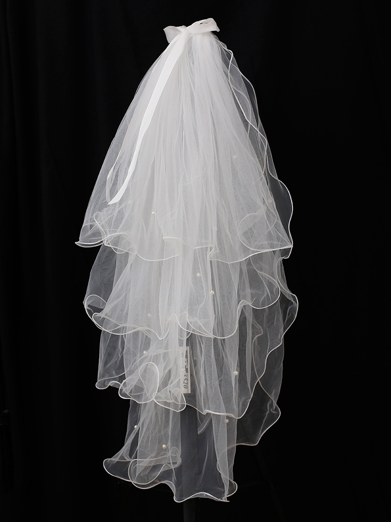 新娘结婚钉珠蓬蓬纱白纱蝴蝶结发饰多层头纱婚礼网红拍照写真发饰