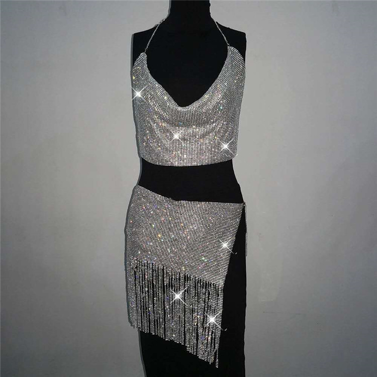 铝片衣服金属水钻系链吊带背心性感衣服比基尼镶钻金属钻石舞台装
