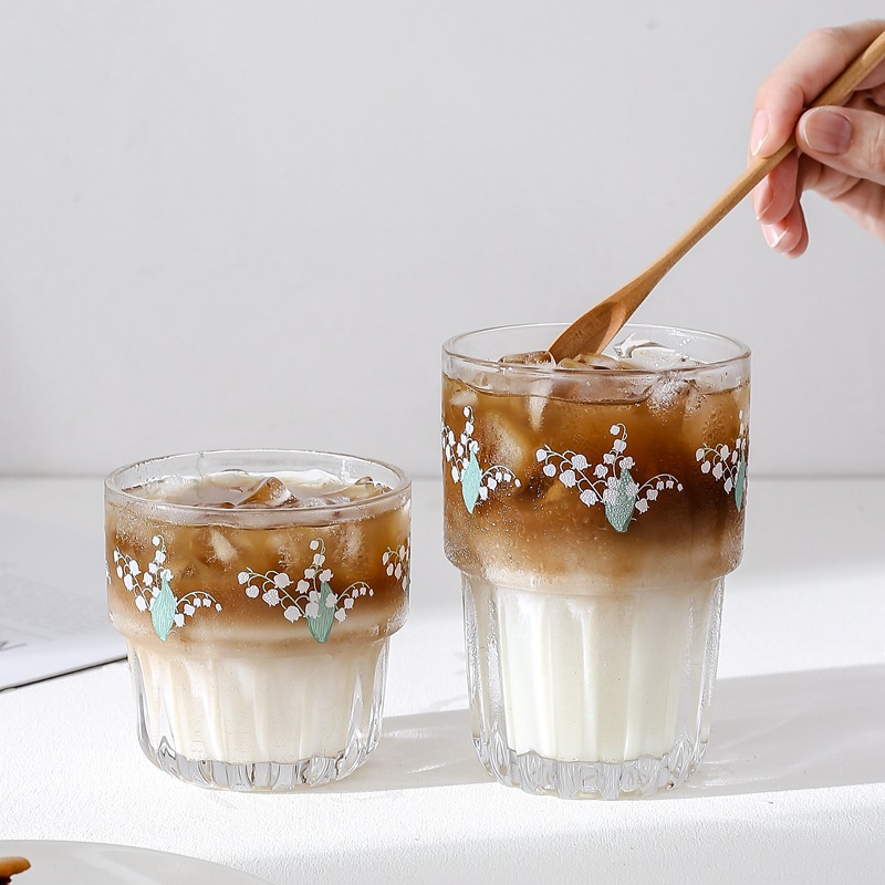 Linglan Flower Cup Korean Ins Style Iced Coffee Cup Glass Fresh Girl Heart Cola Milky Tea Cup Stackable