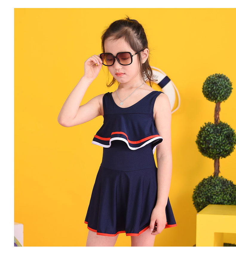 虎润儿童泳衣纯色女童连体中小童运动背心沙滩女孩宝宝可爱泳衣