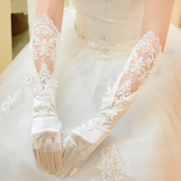 2020 New Bridal Wedding Dress Gloves Evening Banquet Satin Long Lace Embroidery Sequined Gloves Wholesale