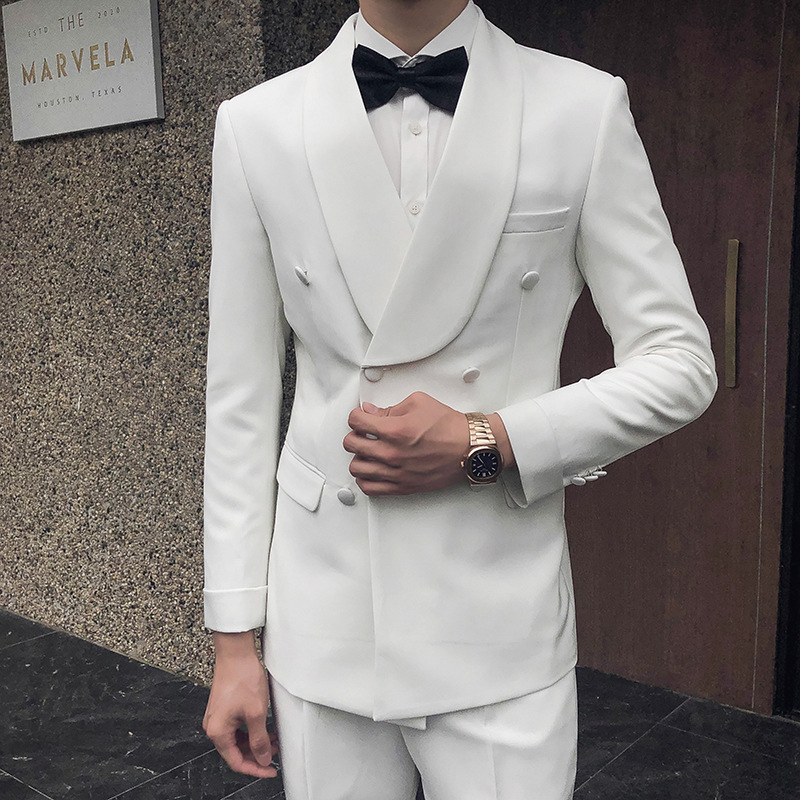 西服套装白色华丽晚礼服 袖子卷边西服西裤套装 主持人婚宴洋服