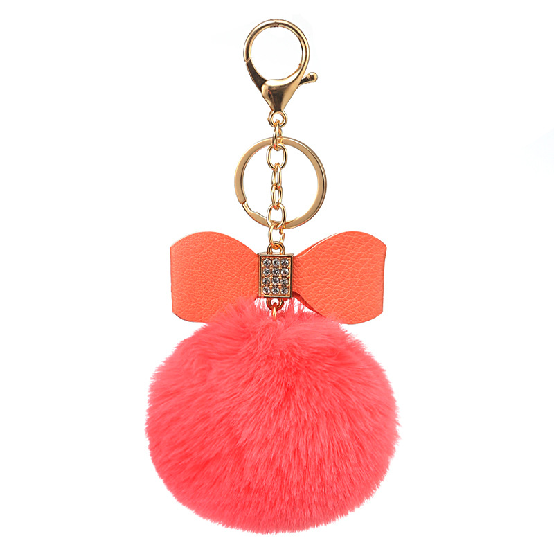 Factory Wholesale Supply Exclusive for Cross-Border 8cm Imitation Rex Rabbit Bow Hair Ball Keychain Creative Gift Bag Pendant