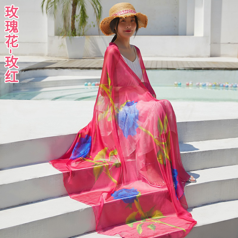 Oversized Silk Scarf New Chiffon Beach Towel Women's Sunscreen Shawl Spring, Summer, Autumn and Winter Four Seasons Artificial Silk Thin Scarf Scarf