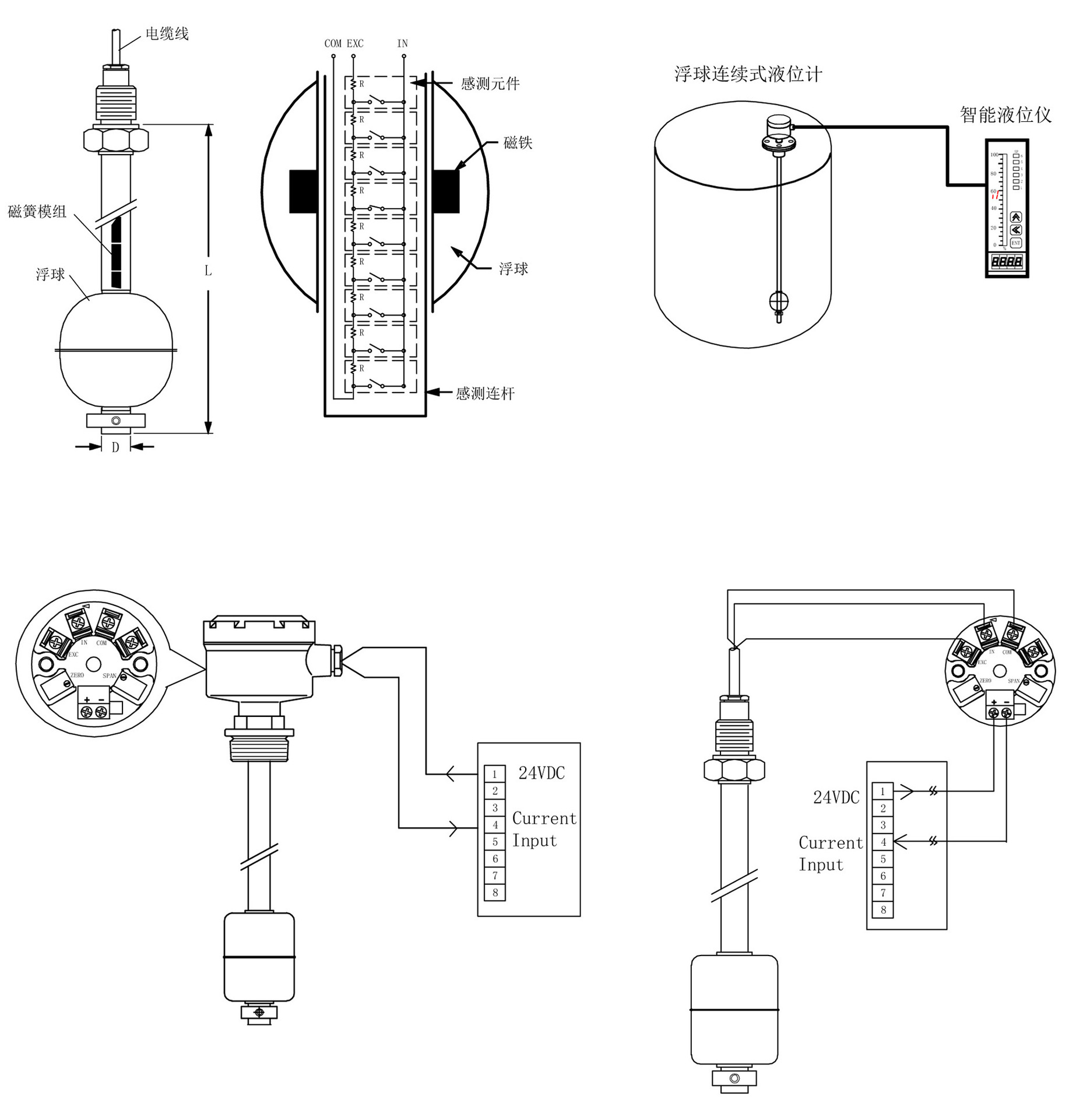 厂家直销干簧管磁阻浮球液位计4-20ma电远传浮子连续式油水传感器