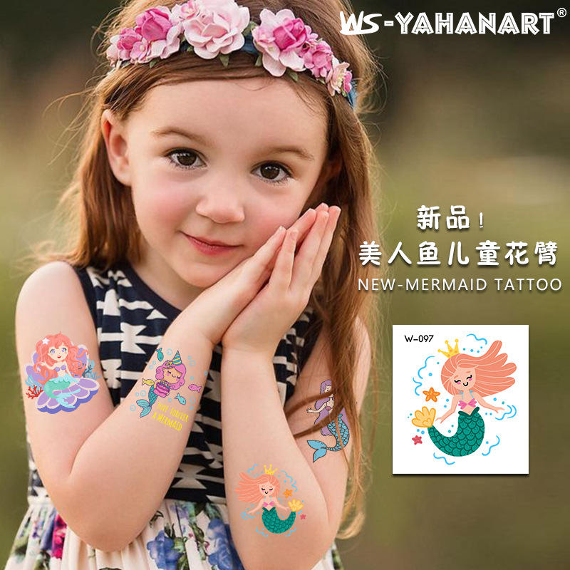 水转印卡通纹身贴公主美人鱼儿童花臂纹身贴纸创意环保海洋纹身贴