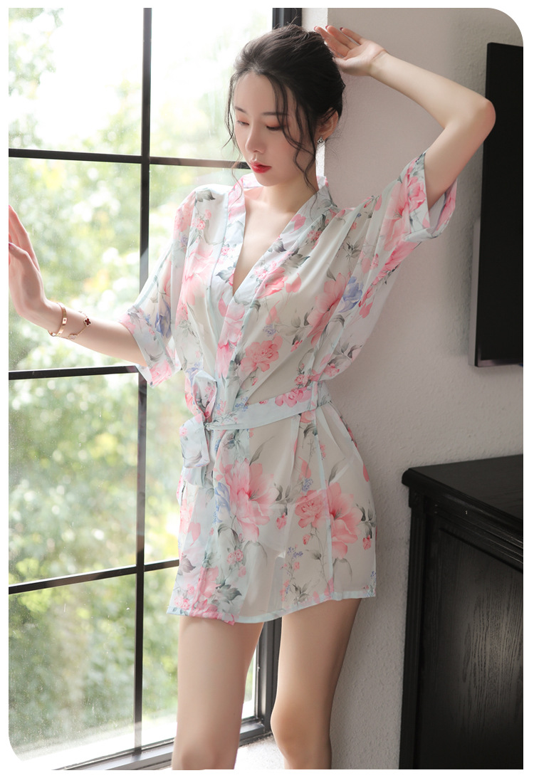 情趣内衣性感睡衣诱惑日式雪纺印花开衫和服透视睡袍套装8145