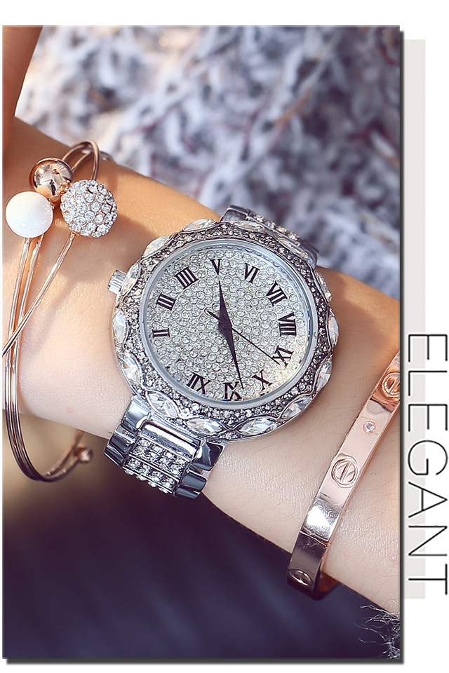 mashali玛莎莉轻奢满钻女士手表 复古罗马数字表盘石英表钢带女表