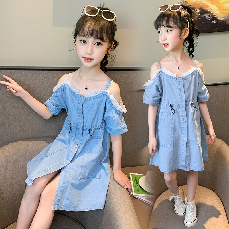 女童漏肩蕾丝花边吊带牛仔连衣裙中大儿童小学生时尚洋气外贸裙子