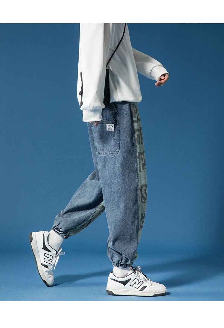 2020外贸跨境港风印花牛仔休闲束脚裤子男百搭宽松哈伦裤bk003