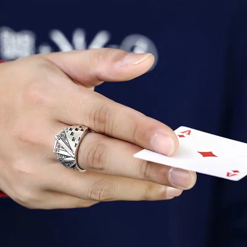 s990纯银同花顺扑克牌戒指单身男女个性男霸气黑桃同花顺指环开运