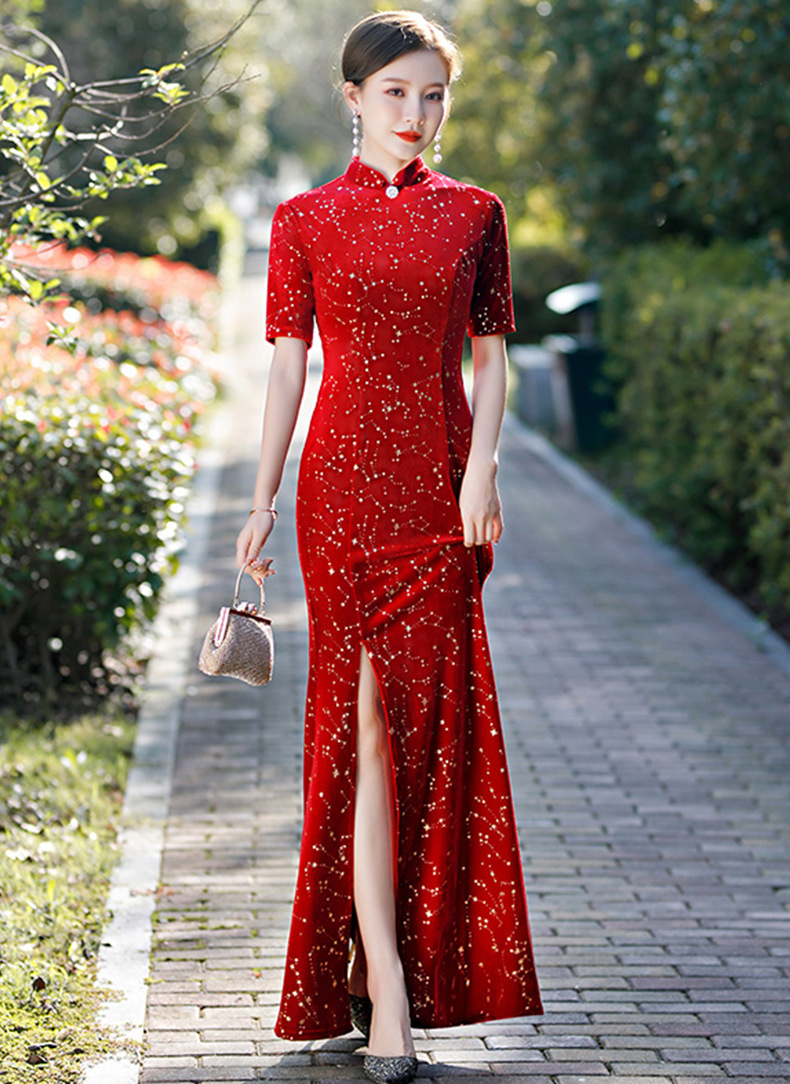 旗袍改良版鱼尾连衣裙丝绒新款走秀主持年会宴会晚礼服弹力形体服