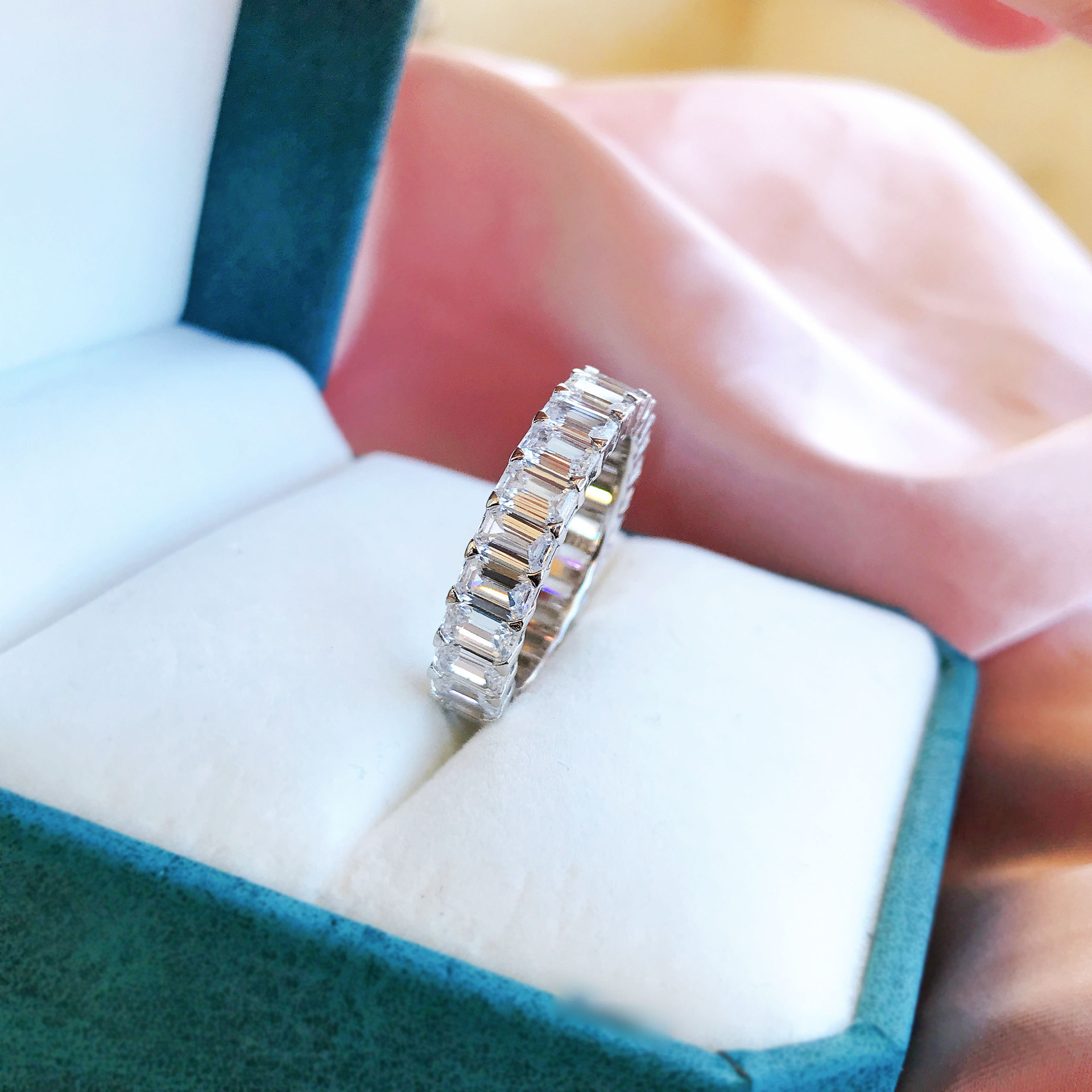 大排钻戒指时尚绿钻祖母绿切割方形整圈钻戒指s925银大钻戒食指戒