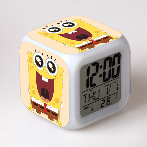 外贸电商货源卡通海绵宝宝闹钟儿童积分换购礼品七彩闹钟四方钟