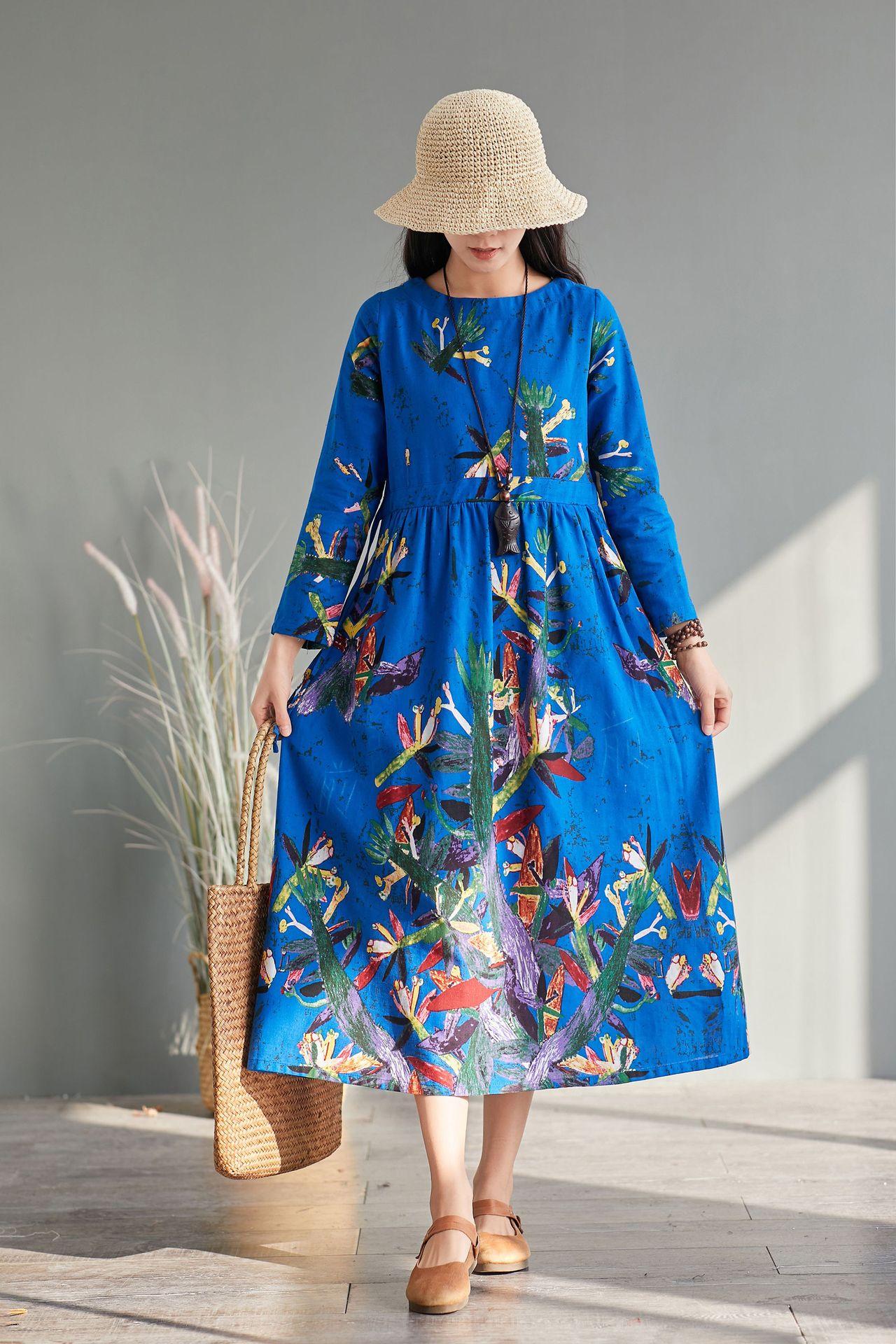 春秋季民族风大码宽松棉麻长袖连衣裙女显瘦文艺复古中长款碎花裙