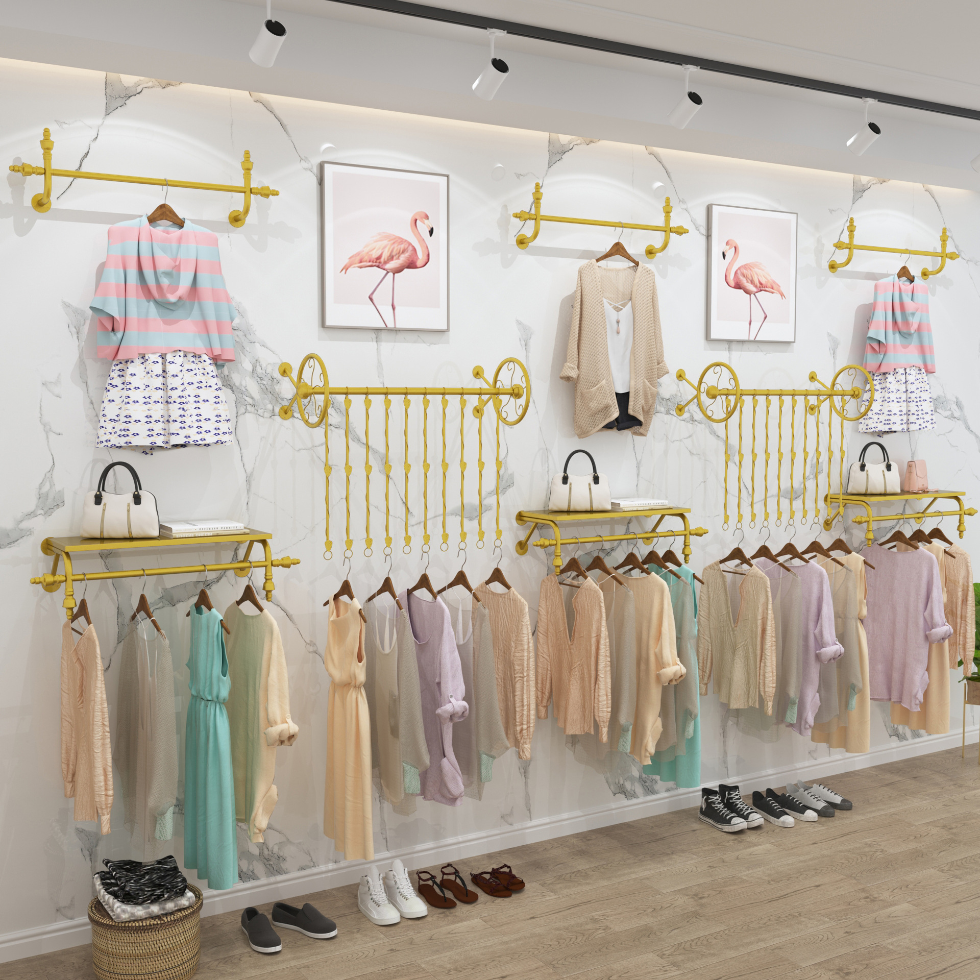 服装店展示架上墙男女童服装货架墙壁挂铁艺正侧挂组合套装挂衣架