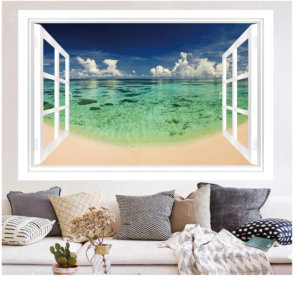 3d立体假窗户壁画墙贴客厅卧室床头儿童房自然风景装饰画pvc墙纸