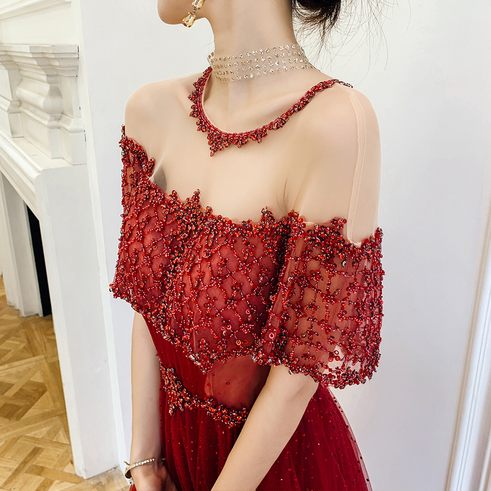 跨境热销 欧美新款 暗红色敬酒服新娘大码显瘦宴会重手工晚礼服裙