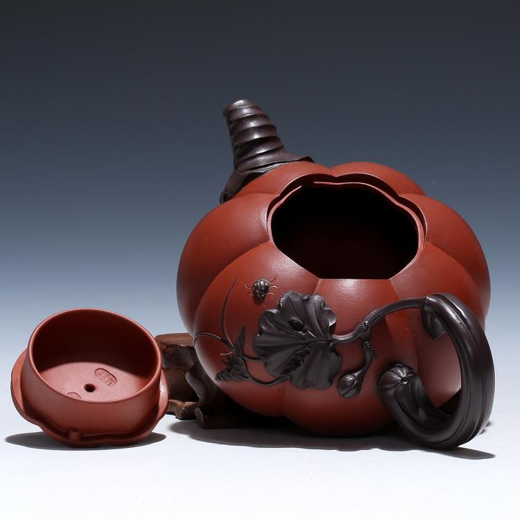 宜兴紫砂茶壶 名家正品 全手工茶具 王红娟 双色南瓜壶 350cc