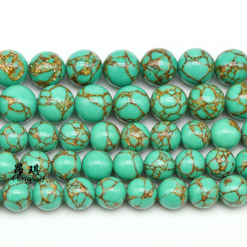 厂家直销 新款合成金线松散珠 diy金线绿松石混合圆珠配件跨境