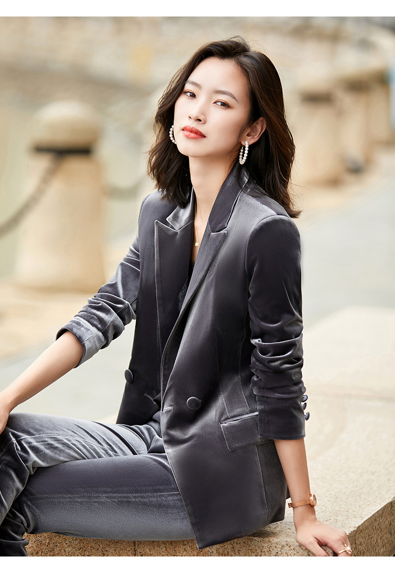 2020秋冬新款灯芯绒金丝绒西装职业套装女时尚修身气质小西服