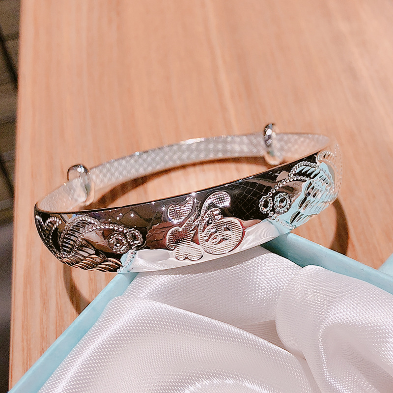 足银999 纯银精工手镯双鱼福纯银手镯 女款银饰 银镯子