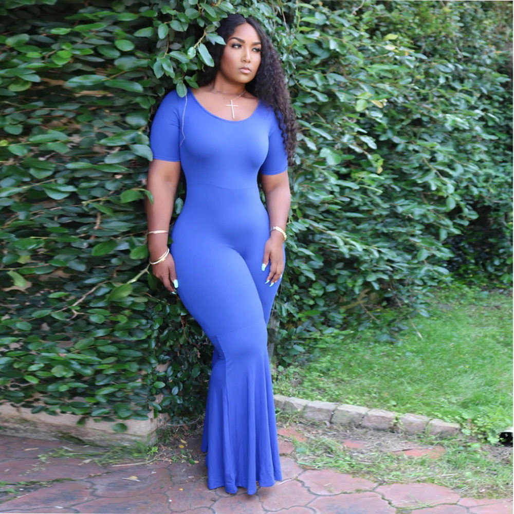 2020夏季欧美爆款大码女装 短袖喇叭裤圆领纯色跨境连体裤