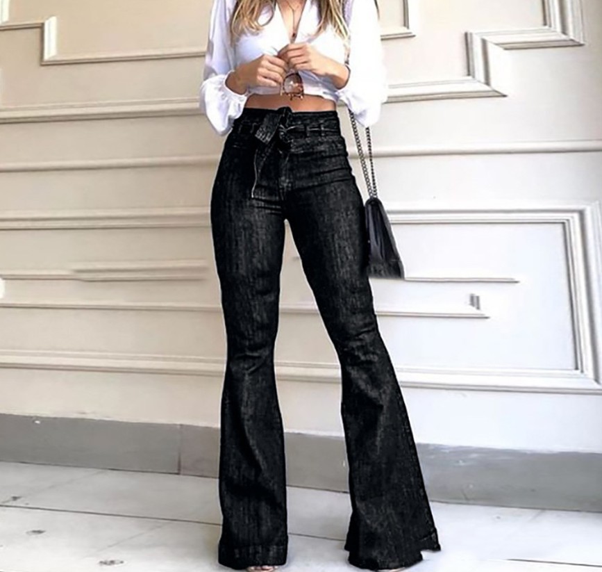 (Spring Festival Does Not Close) European and American Foreign Trade Hot Sale High Waist Hip Lift Lace-up Bell-Bottom Pants Wide Leg Pants Jeans for Women