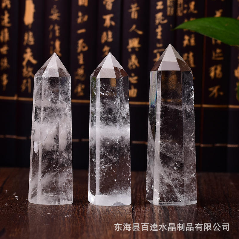 天然白水晶柱原石单尖水晶摆件消磁工艺品六凌柱抛光厂家批发跨境