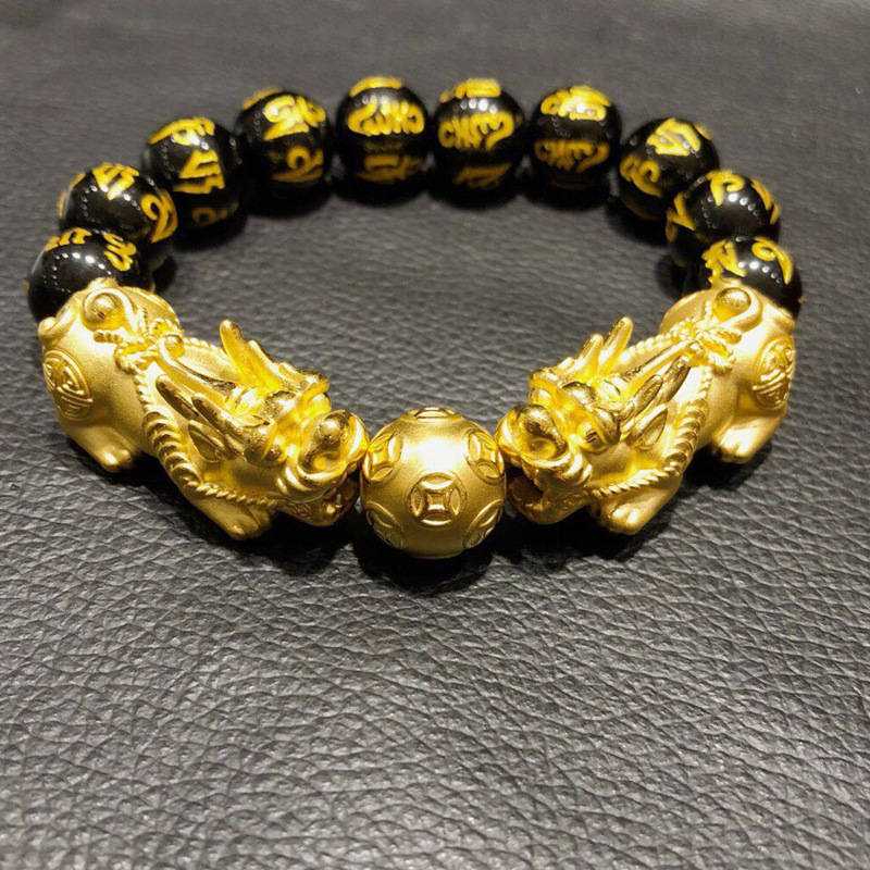 999足金双龙戏珠3d硬金招财黄金貔貅手链男24k黄金转运珠手串珠宝