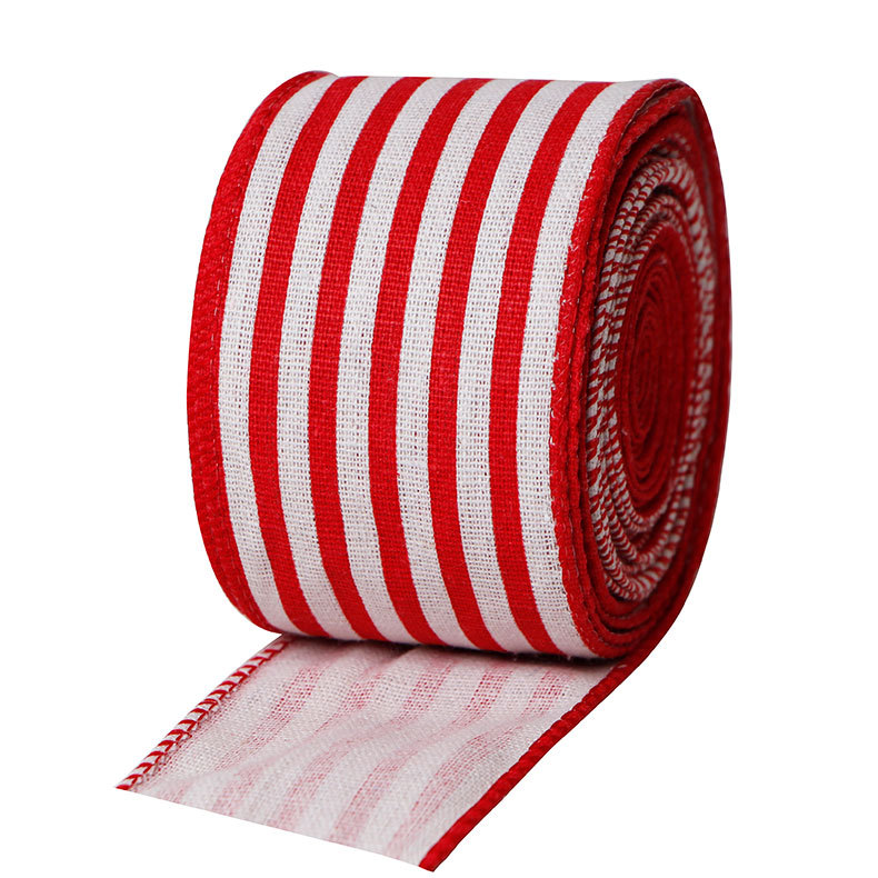 【厂家直销】美丝达ribbon红黑绿条纹织带铁丝边圣诞仿麻料丝带子-阿