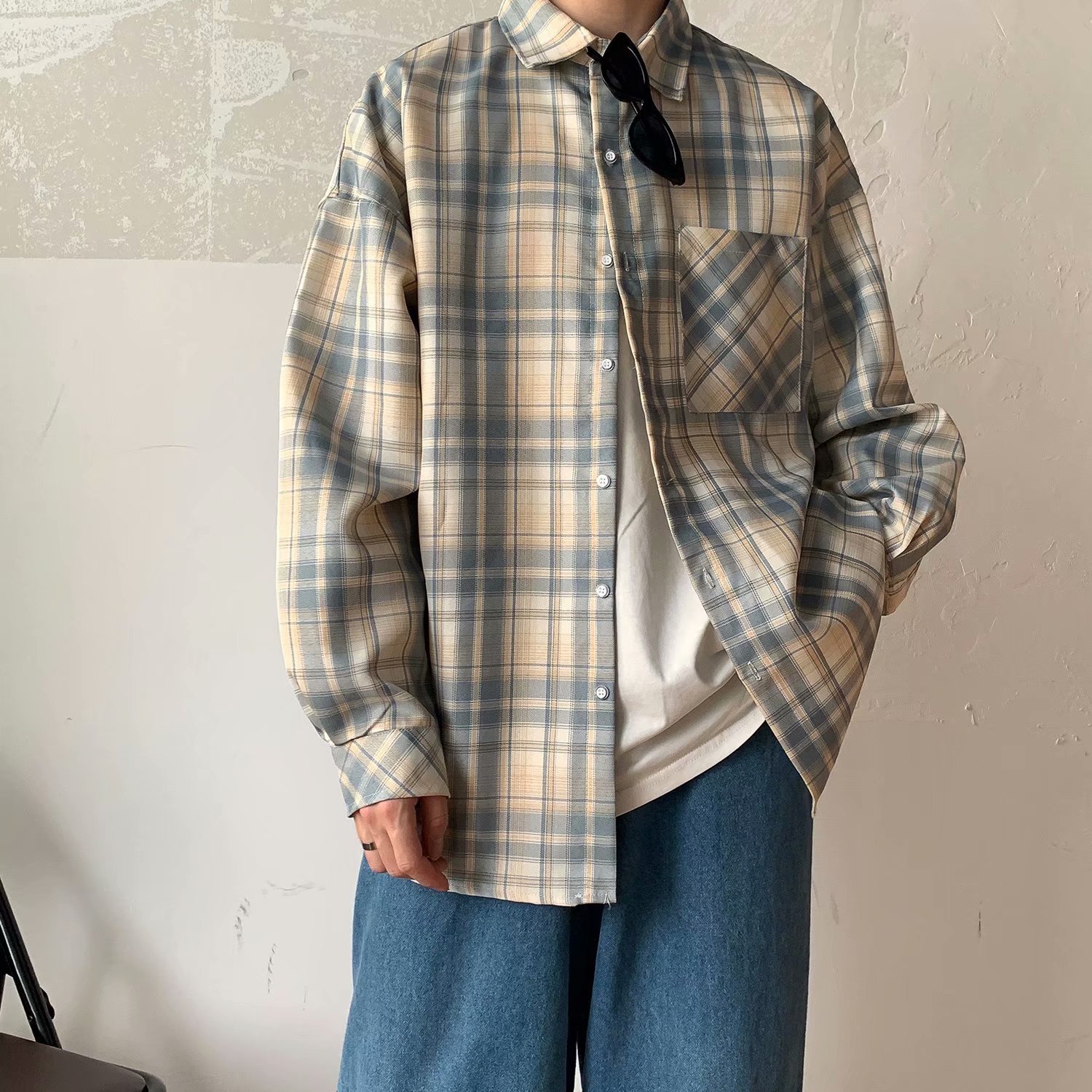 格子衬衫男士港风ins复古潮流百搭休闲男装韩版潮牌宽松长袖衬衣