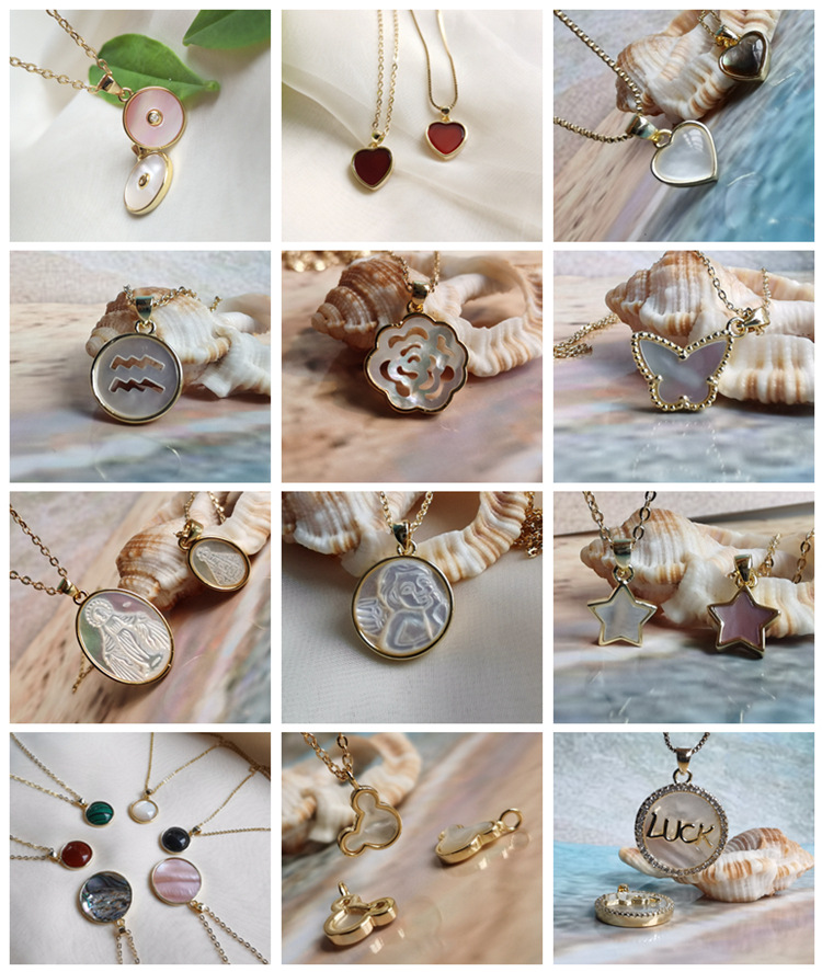 新款简约个性项饰贝母吊坠合金镀18k金水钻盒子链luck字母项链女