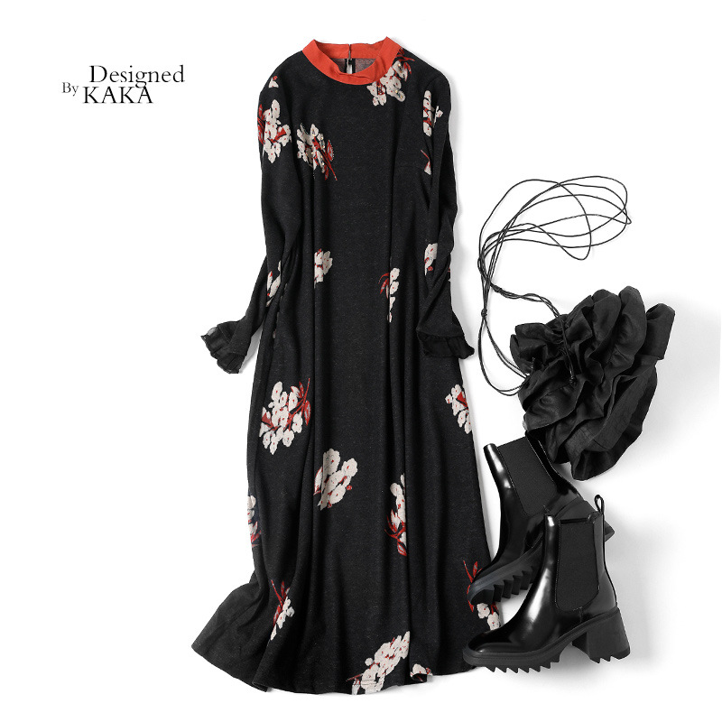 薄纱拼色圆领木槿印花连衣裙