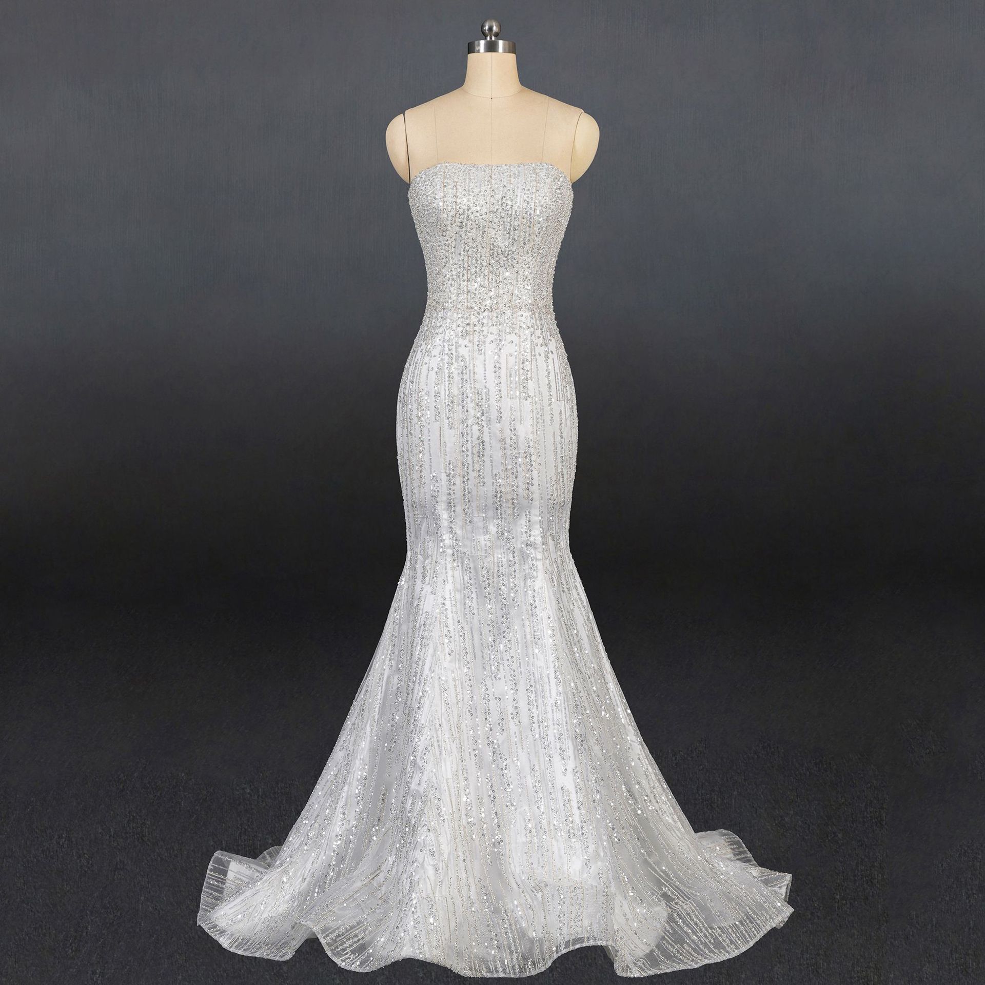 奢华重工绣珠款鱼尾抹胸婚纱活动大拖尾二件套婚纱礼服来图定制