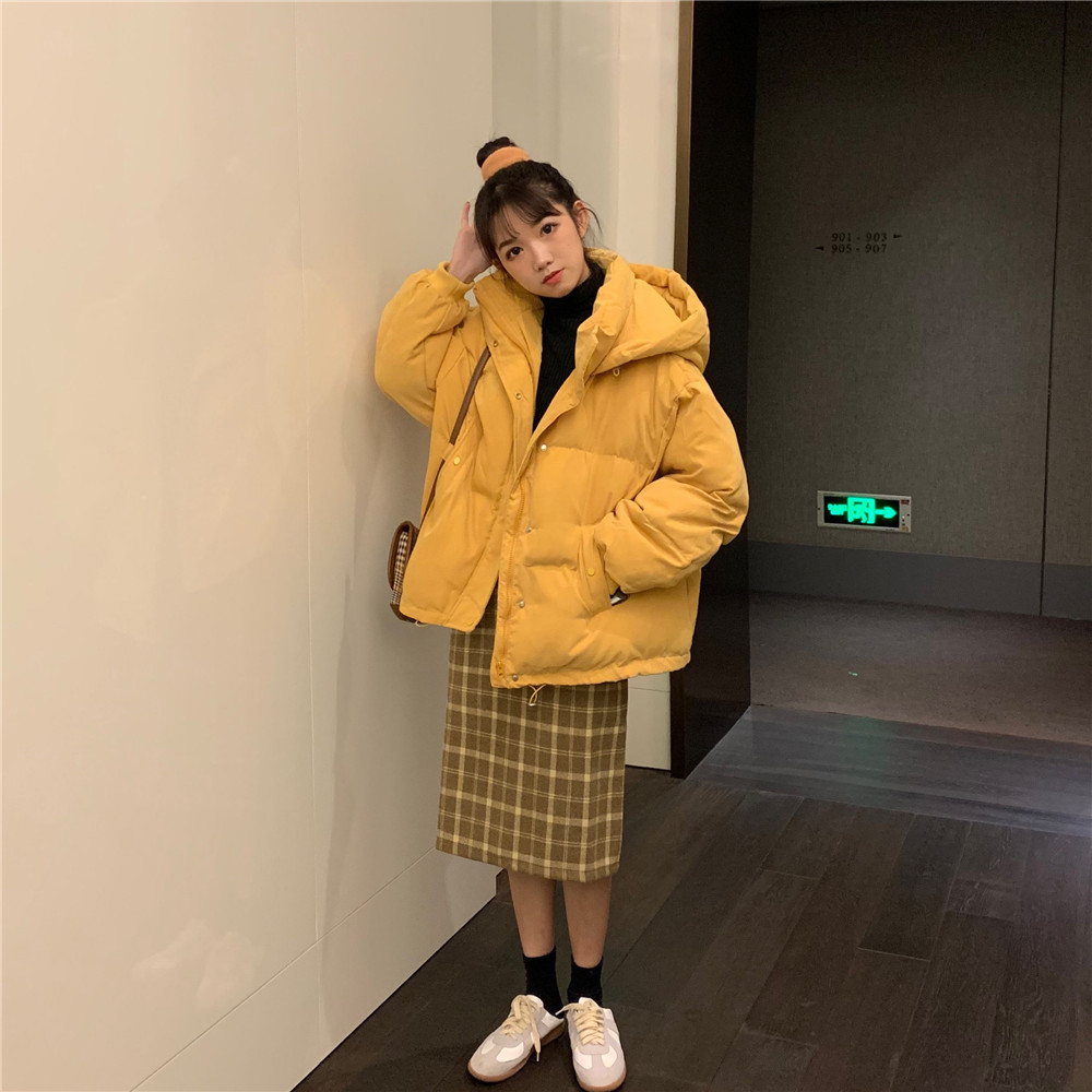 实拍2020冬季女装韩版宽松时尚休闲短款小个子棉服外套女 半身裙