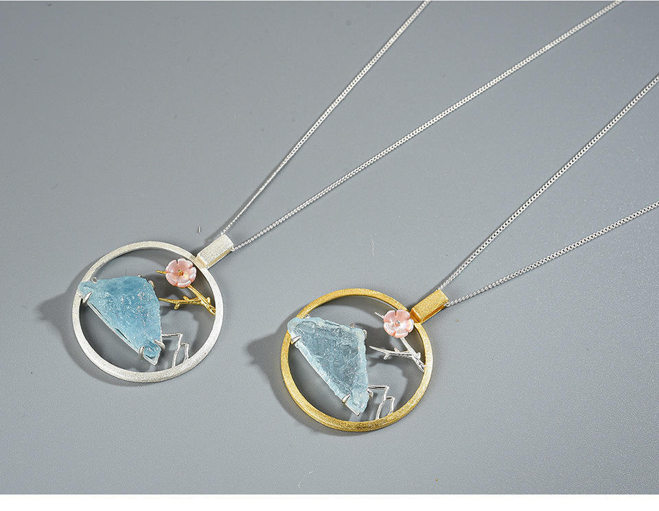 原创|古风鸟语花香海蓝宝原石纯银s925女吊坠创意设计 数据包