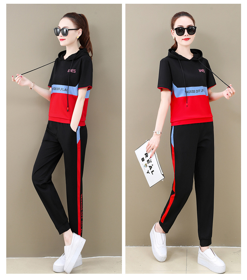 卫衣套装女夏季短袖时尚薄连帽衫韩版休闲运动跑步纯棉大码两件套