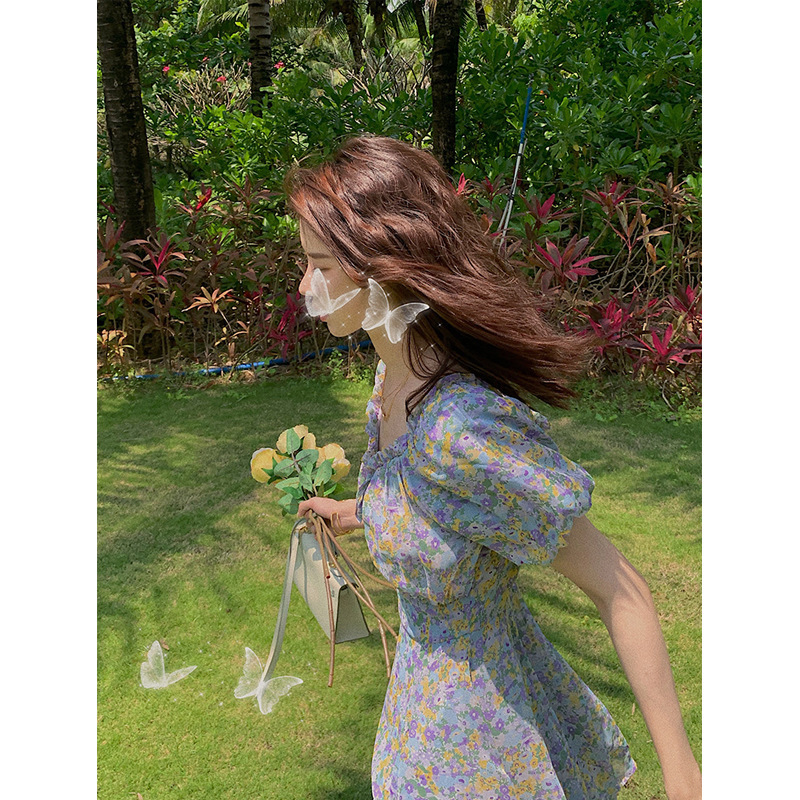 2020夏装新品雪纺碎花修身显瘦仙女超仙森系一字肩大雏菊连衣裙女