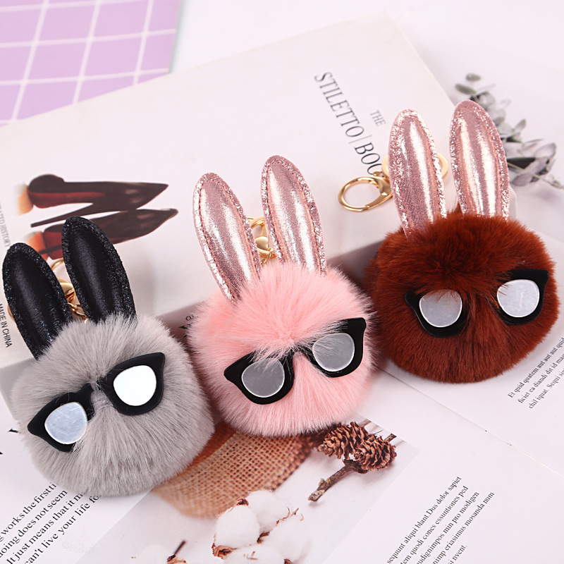 Long Ears Bunny Plush Key Chain Handbag Pendant Crane Machine Ears Fuzzy Ball Hanging Drop Small Gifts for Holiday Activities