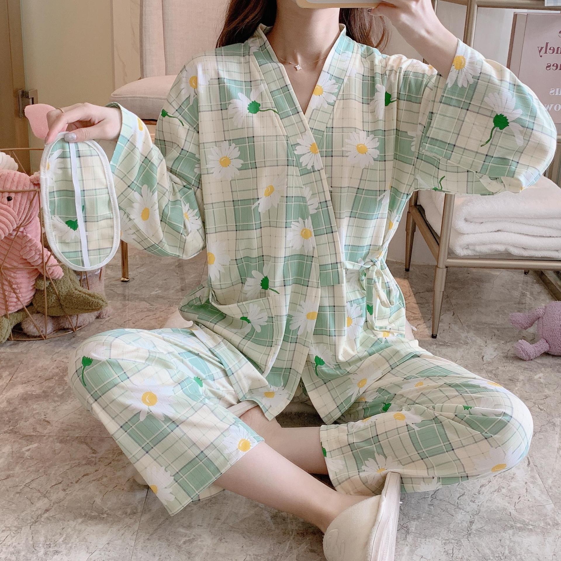 日式睡衣女春秋季薄款长袖系带韩版学生和服牛奶丝甜美家居服套装