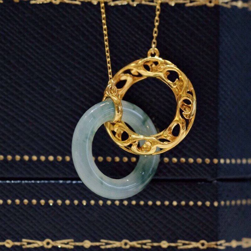 18k金镶翡翠项链纯au750环环相扣吊坠18k金项链 k金颈饰送礼