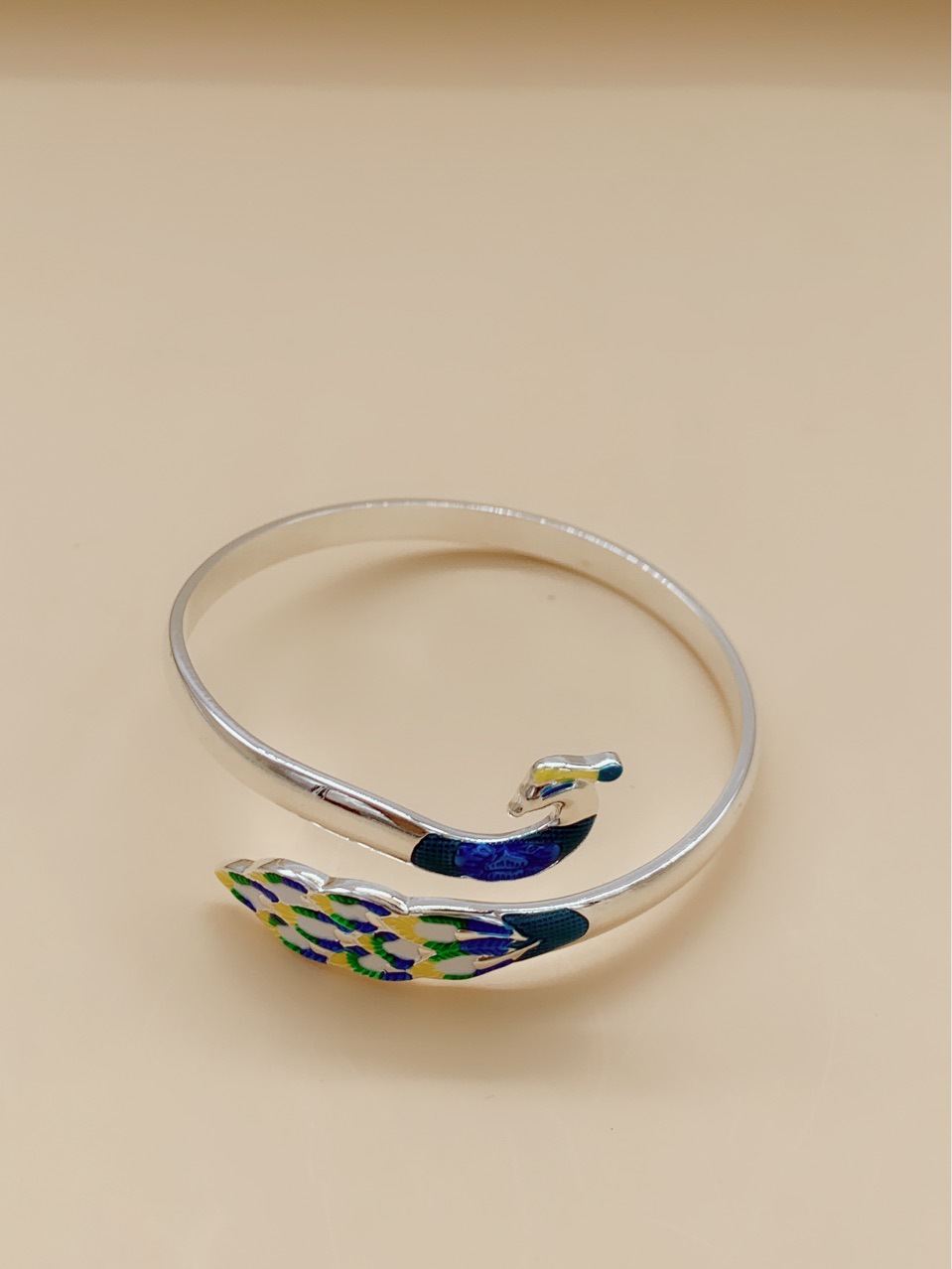 开口孔雀手镯景泰蓝手镯复古孔雀手镯白铜镀银手镯