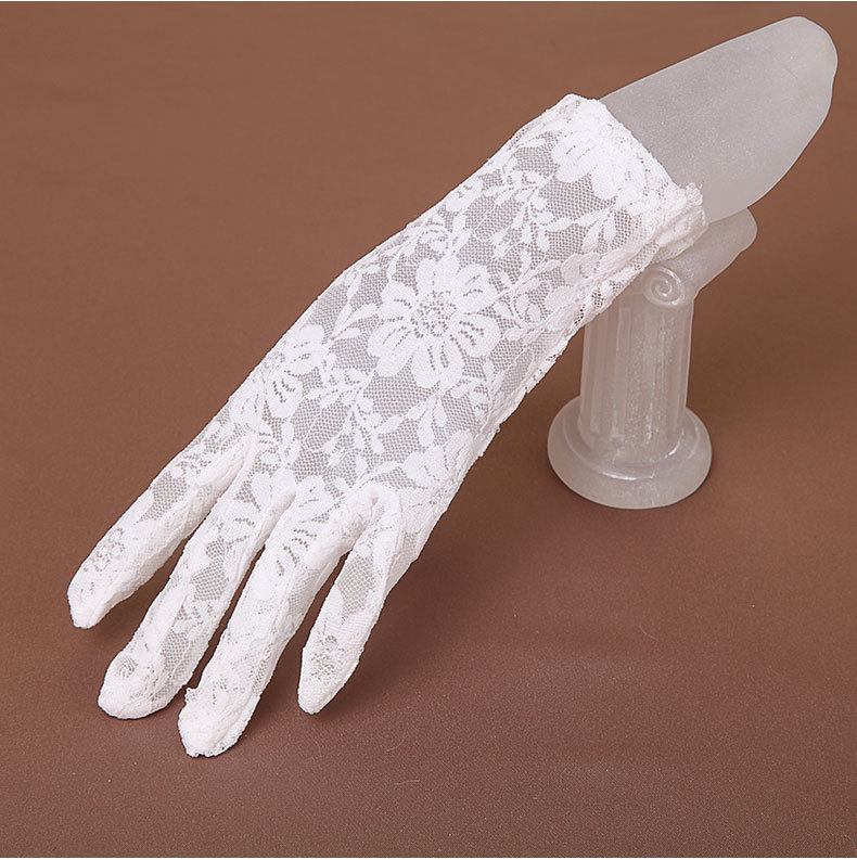 礼仪防晒蕾丝短款手套新娘婚纱结婚手套防晒手套有指花纹网纱手套