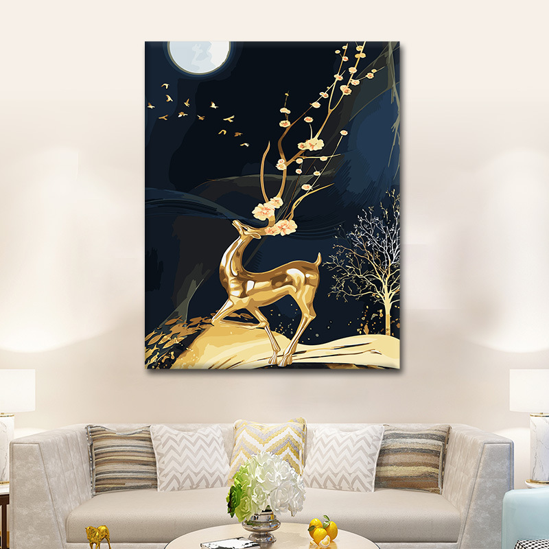 数字油画diy手绘油彩画填色动物定制跨境无框6148 月色金鹿40*50